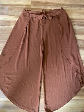 Cozy Casual Rust Brown Wide-Leg Wrap Pants with Tie Waist